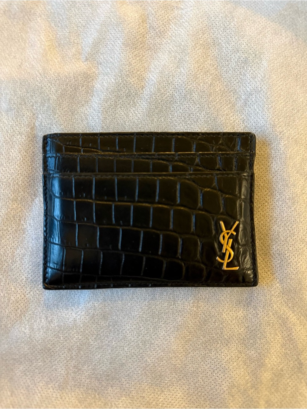 Saint Laurent Black Croc-Embossed Card Holder with Gold YSL Emblem